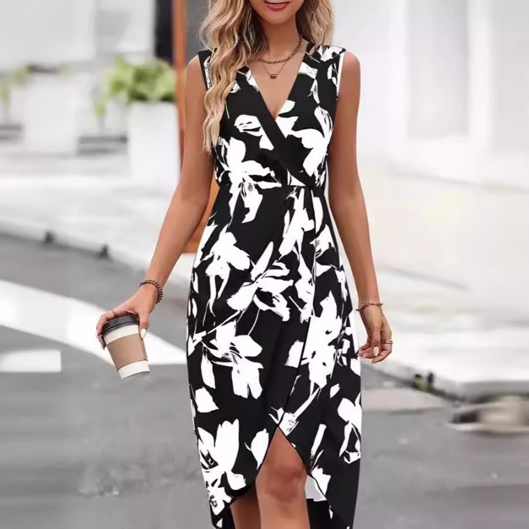 Printed Flower V-neck Sleeveless Sexy Dress