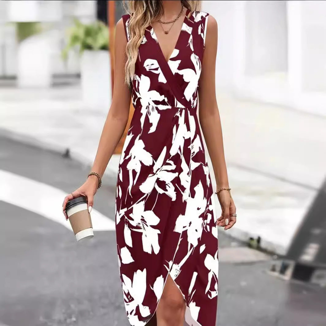 Printed Flower V-neck Sleeveless Sexy Dress