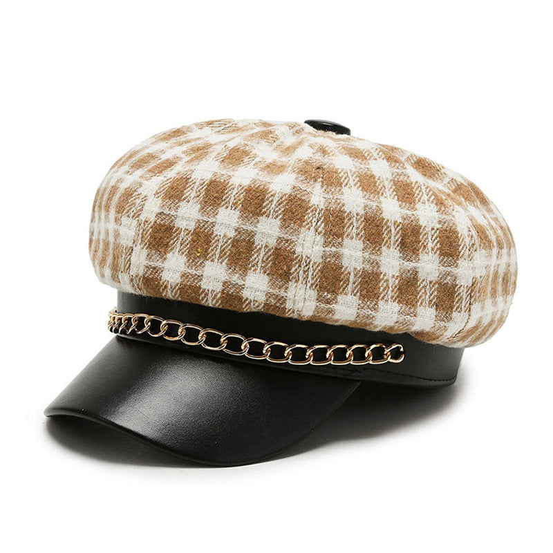 Octagonal Cap Women's Retro Chain Plaid Woolen Soft Top Beret