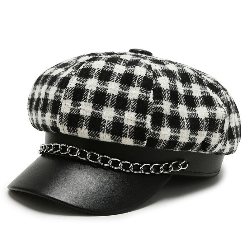 Octagonal Cap Women's Retro Chain Plaid Woolen Soft Top Beret