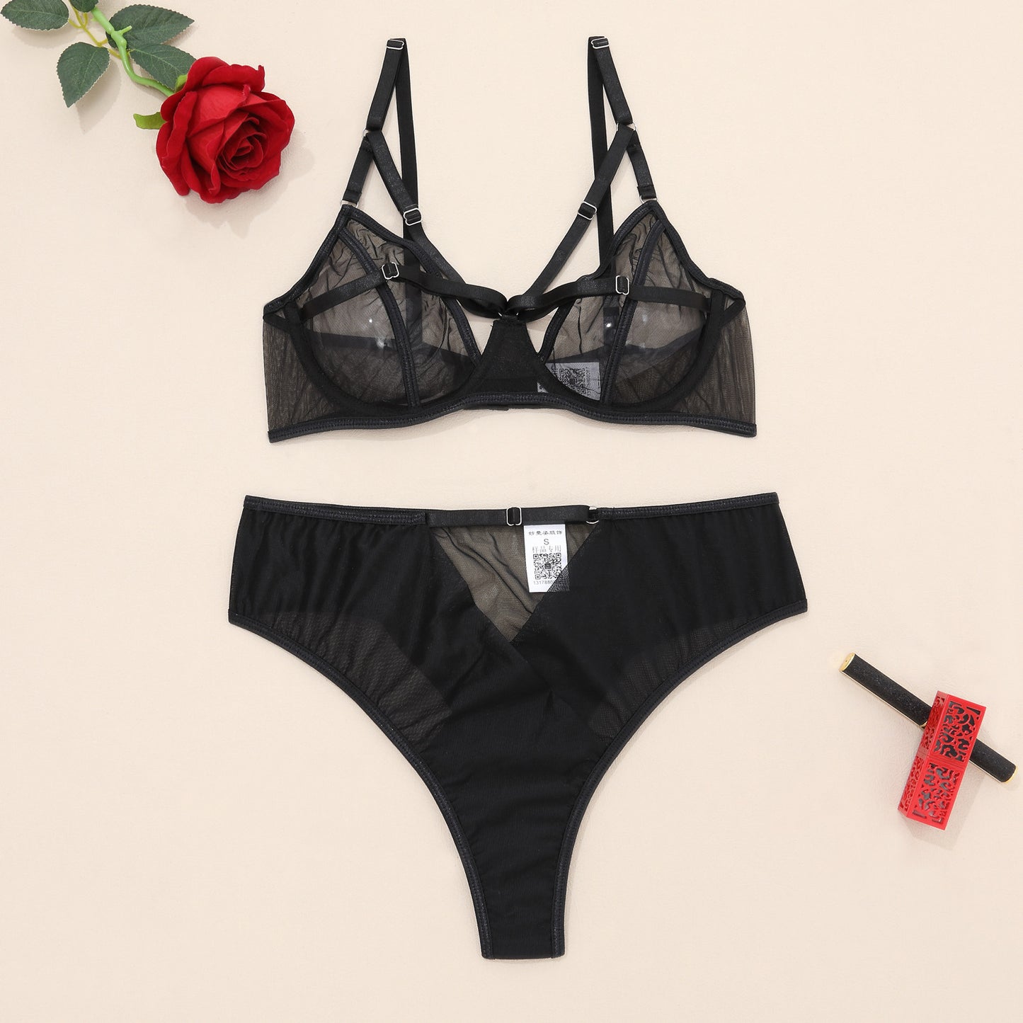 Black Mesh See-through Hollow Steel Ring Bra Panties Set