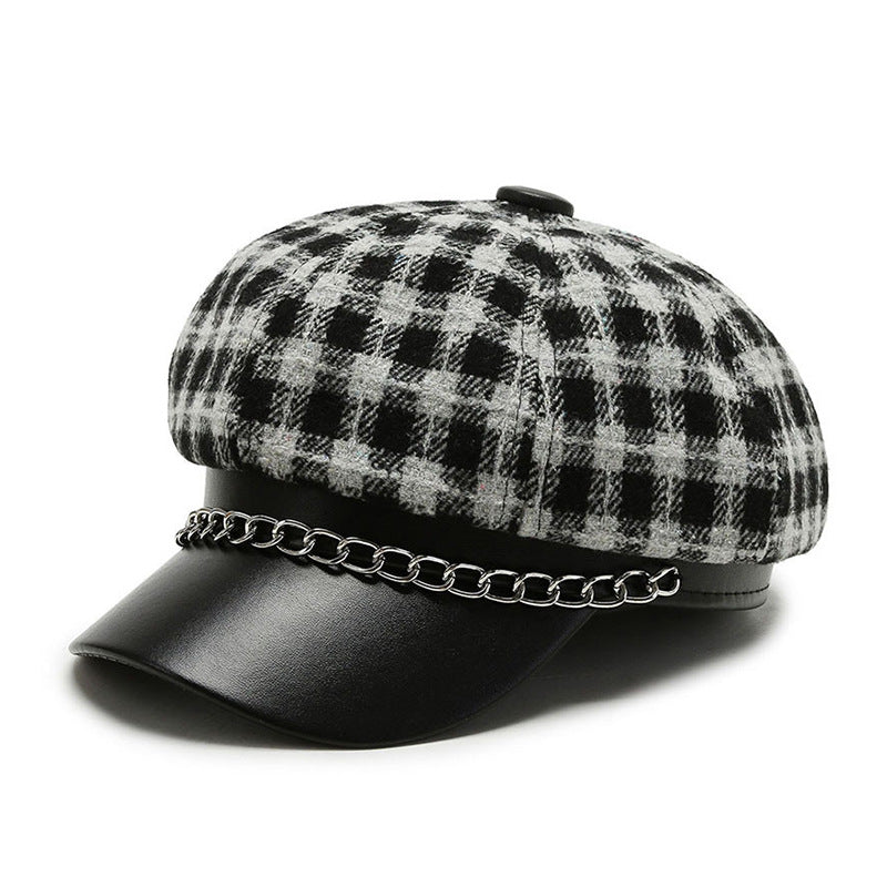 Octagonal Cap Women's Retro Chain Plaid Woolen Soft Top Beret