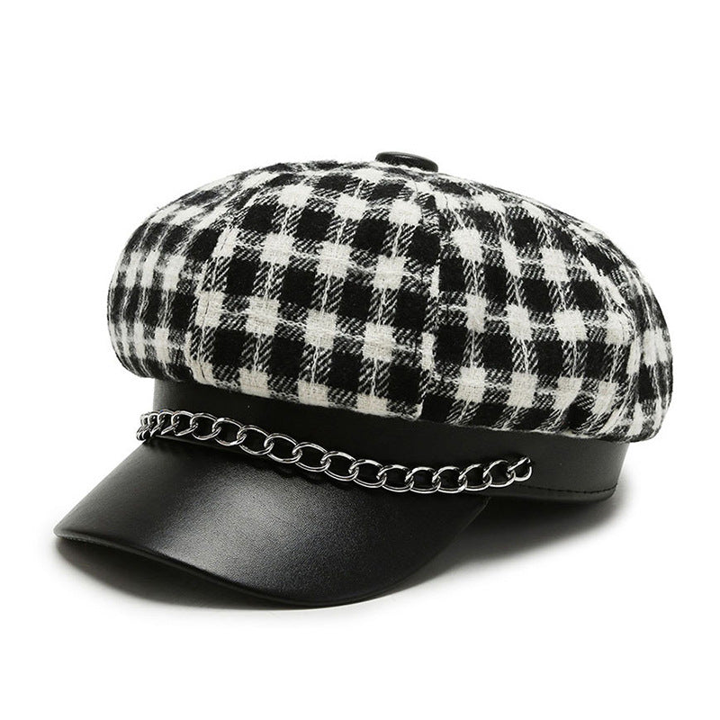 Octagonal Cap Women's Retro Chain Plaid Woolen Soft Top Beret