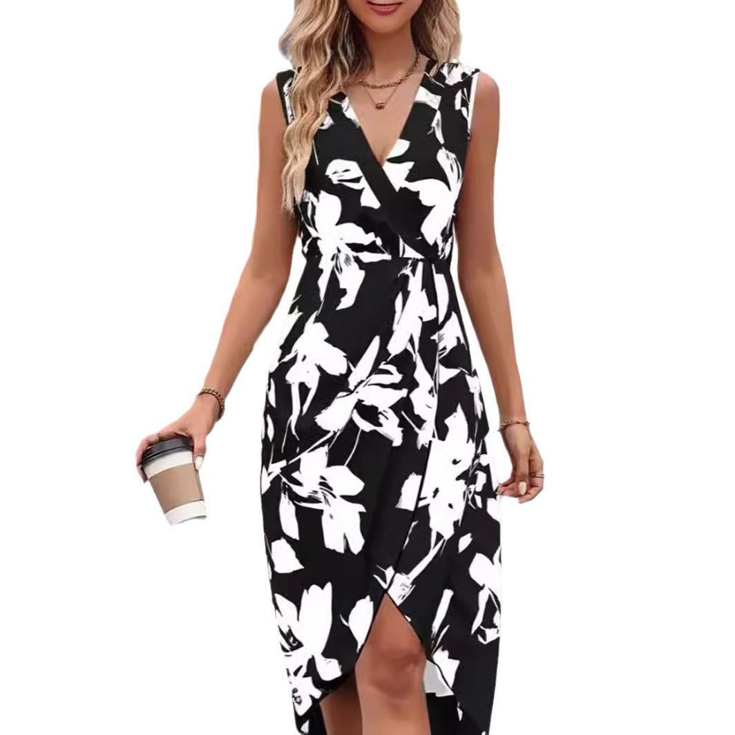 Printed Flower V-neck Sleeveless Sexy Dress