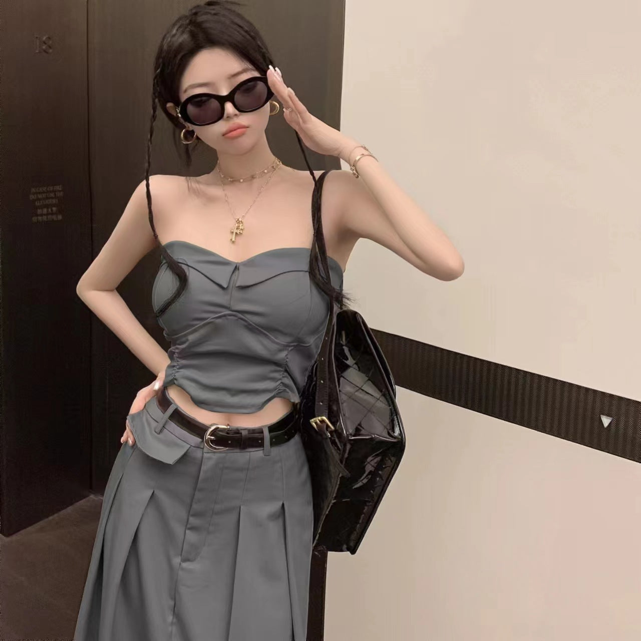 Women's Design Sense Slimming High Waist With Belt Long Skirt Tube Top Two-piece Set