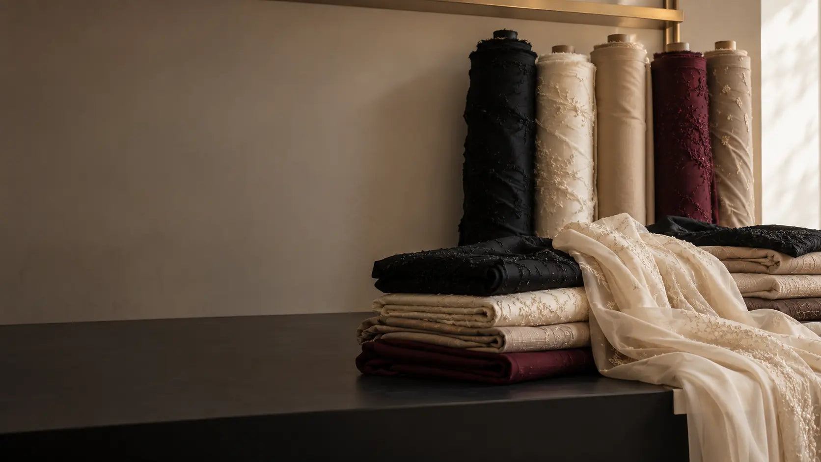 Georgette, silk and embellished fabrics displayed in the QK Collection showroom palette